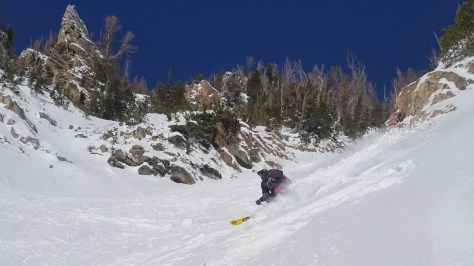 Close making his way down the upper portion of the couloir.