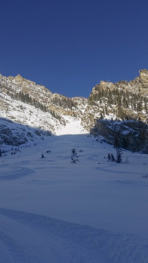 Looking up into the 4 Hour Couloir from Avalanche Canyon.