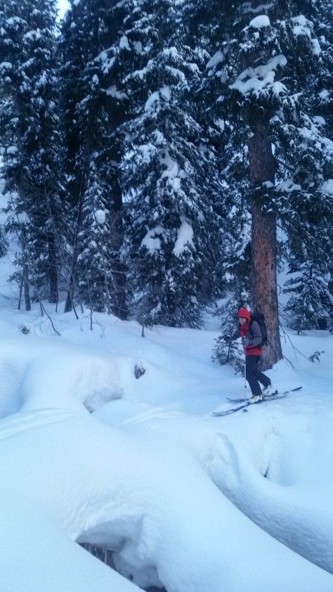 Dane crossing a nice snow bridge.