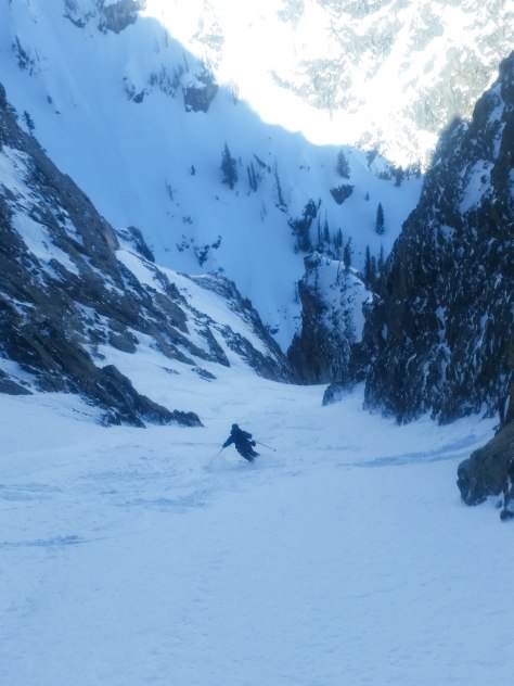 Dane making some powder turns in the upper portion of the couloir.