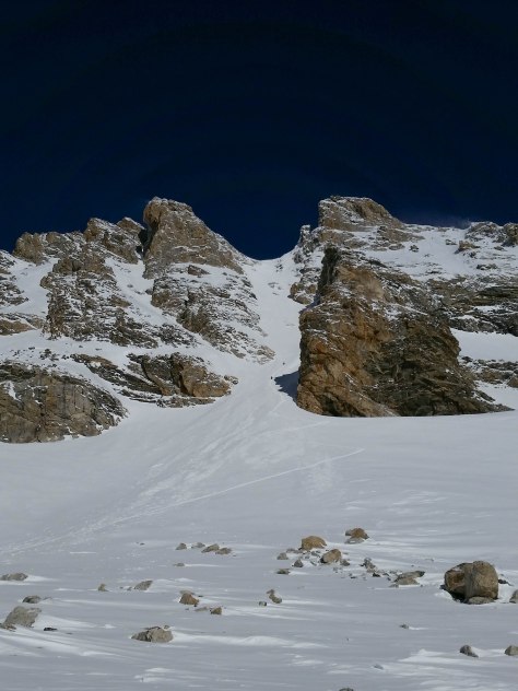 Chouinard (left) and Ellingwood (right) Couloirs off the Middle Teton.