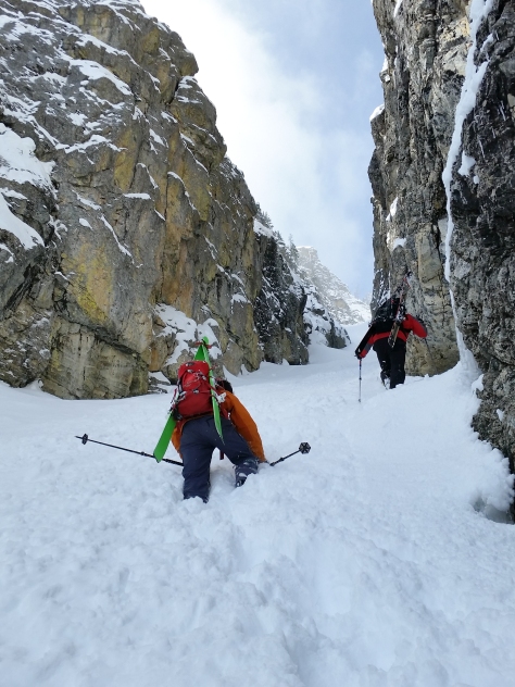 Making our way up the initial pinch in deep snow.
